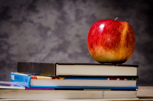 pexels-photo-256520-256520 Red apple placed atop stacked books symbolizes education and learning.